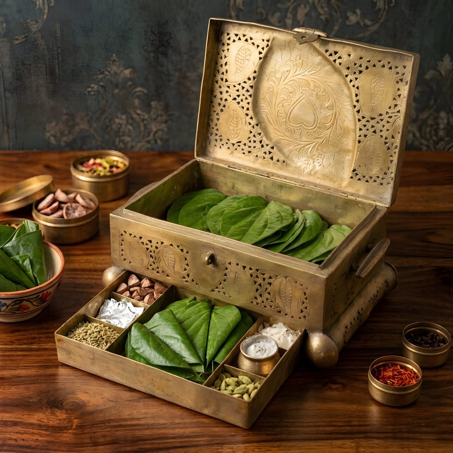 Very Rare Pure Brass Pital Engraved and Pierced Paan Daan Vintage Betel Nut Supari Box with Lock and Handles