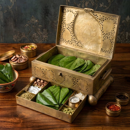 Very Rare Pure Brass Pital Engraved and Pierced Paan Daan Vintage Betel Nut Supari Box with Lock and Handles