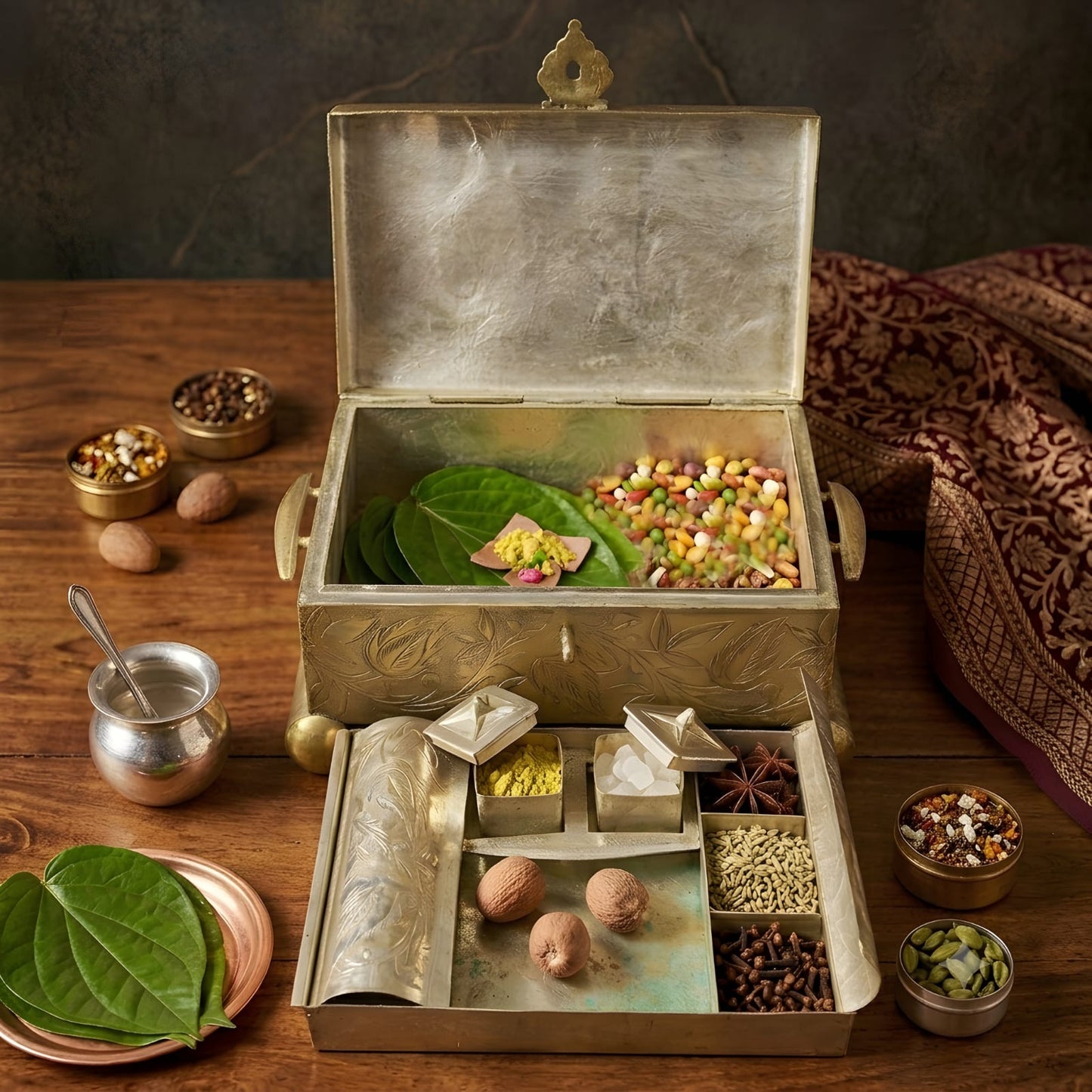 Very Rare Pure Brass Pital Engraved Paan Daan Vintage Betel Nut Supari Box with Lock and Handles