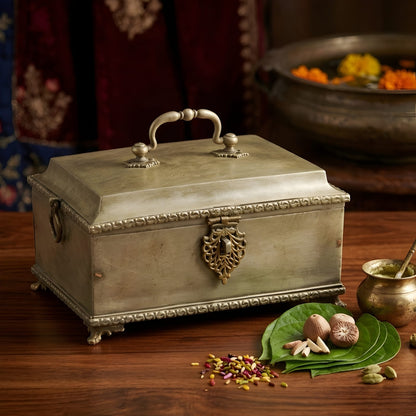Antique Brass Paan Daan with Ornate Trim and Traditional Handles Vintage Betel Nut Supari Box