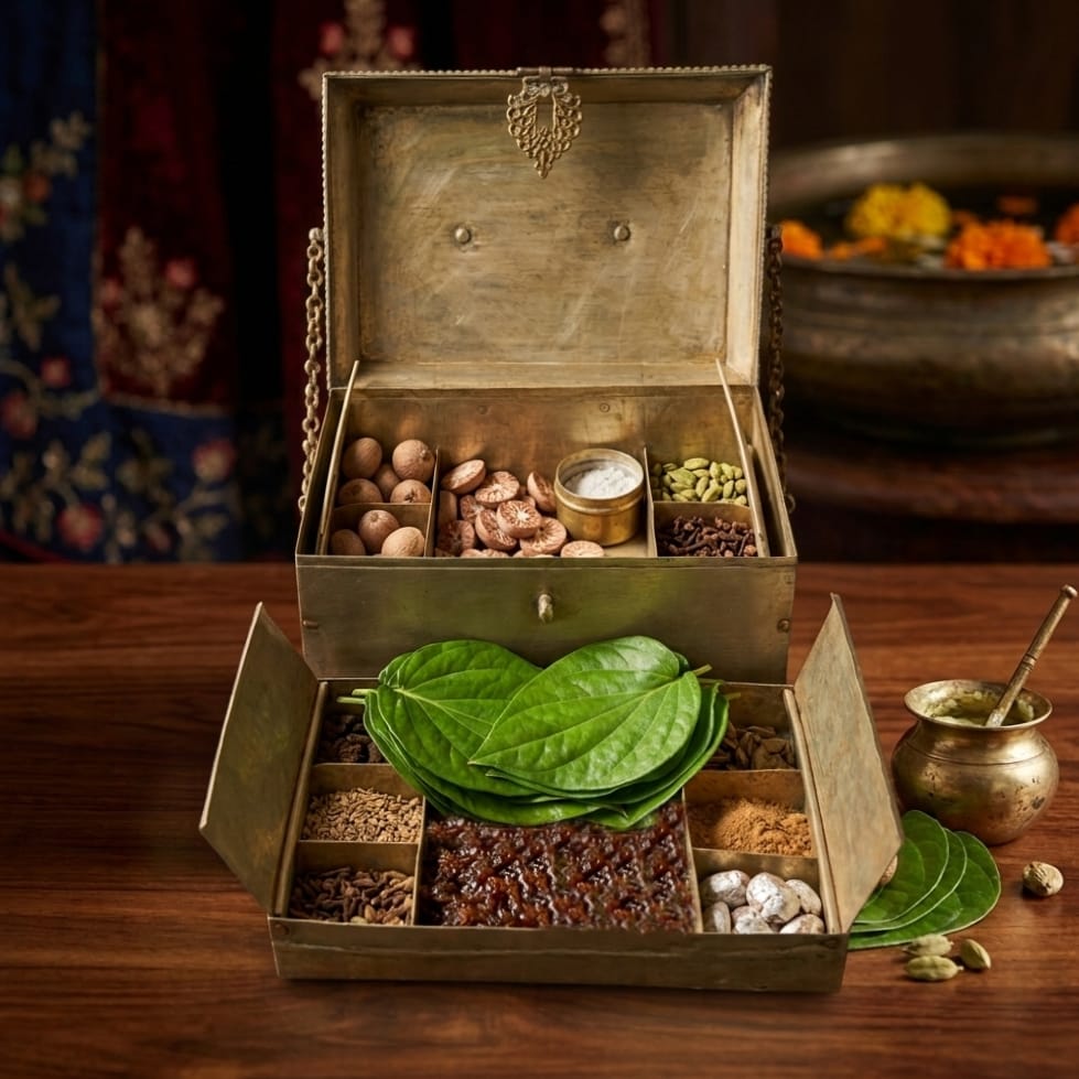 Antique Brass Paan Daan with Ornate Trim and Traditional Handles Vintage Betel Nut Supari Box
