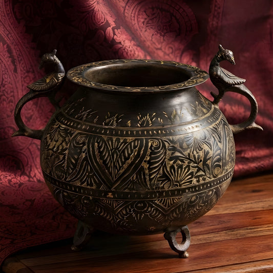 Vintage Oxidized Brass Pital Round Pot Vase with Peacock Handles, Hand Carved Floral Design, Three Leg Stand, Indian Antique Décor