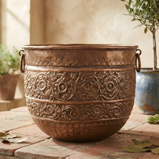 Vintage Pure Copper Pot Vase Planter, Floral Engraved Indian Decorative Vessel, Traditional Home Decor Collectible