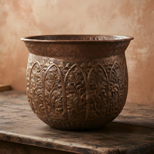 Vintage Pure Copper Large Pot Vase Planter, Hand Engraved Floral Design, Indian Decorative Vessel, Traditional Home Décor