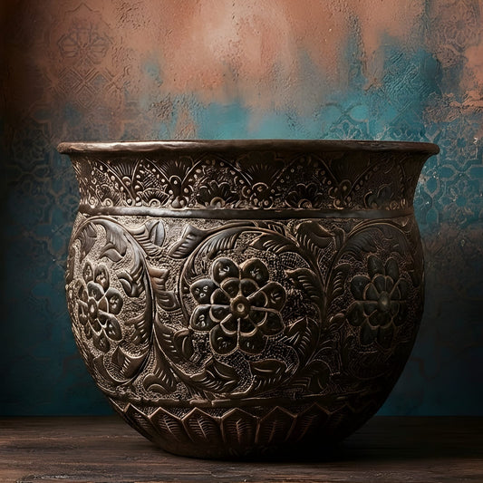 Vintage Oxidized Pure Copper Pot Vase Planter, Hand Engraved Floral Design, Indian Decorative Vessel, Traditional Home Décor