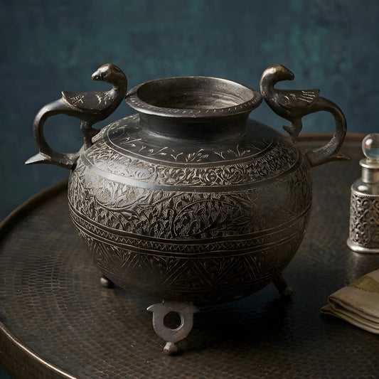 Vintage Oxidized Brass Pital Pot Vase Planter with Peacock Handles, Hand Carved Floral Design, Three Leg Stand, Indian Décor