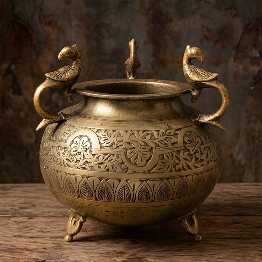 Vintage Brass Pital Round Pot Vase Planter with Peacock Handles, Hand Engraved Floral Motifs, Three Leg Stand, Indian Decor