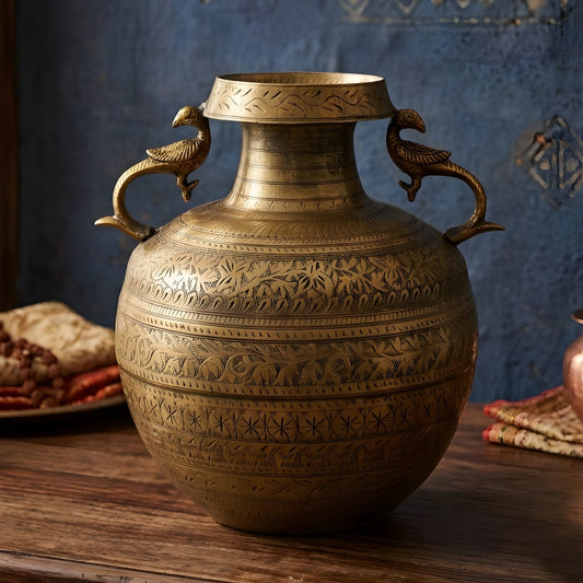 Very Rare Vintage Pure Brass/Pital Hand Engraved Oval Pot Vase Planter with Peacock Handles – Antique Decorative Collectible