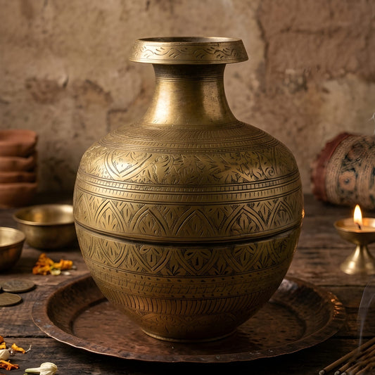 Very Rare Vintage Pure Brass/Pital Hand-Engraved Round Pot Vase Planter with Traditional Floral & Geometric Motifs – Antique Decorative Collectible