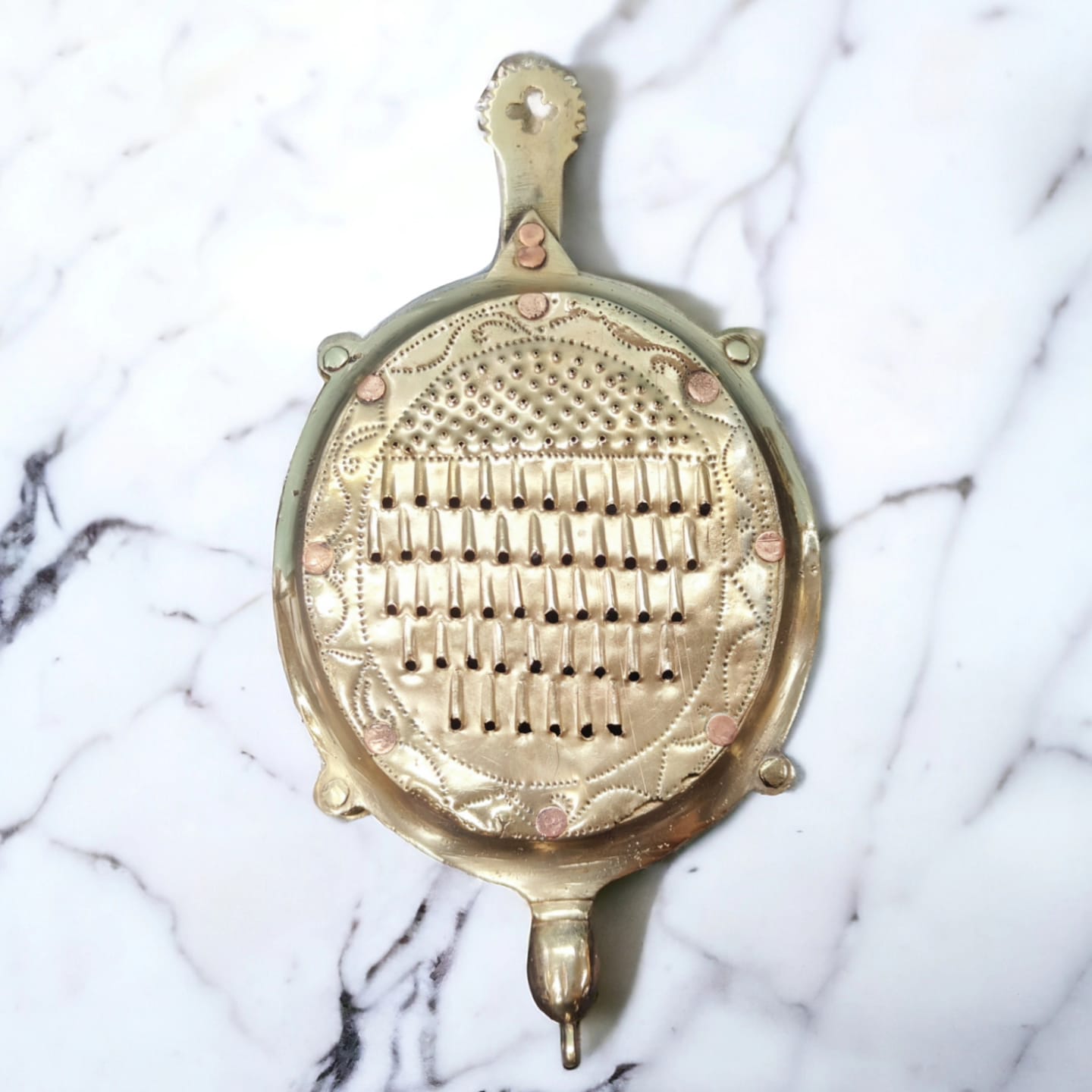 Rare Antique Pure Brass Tortoise Shape Coconut Scraper & Grater with Ornate Engraved Details – Vintage Indian Kitchen Collectible