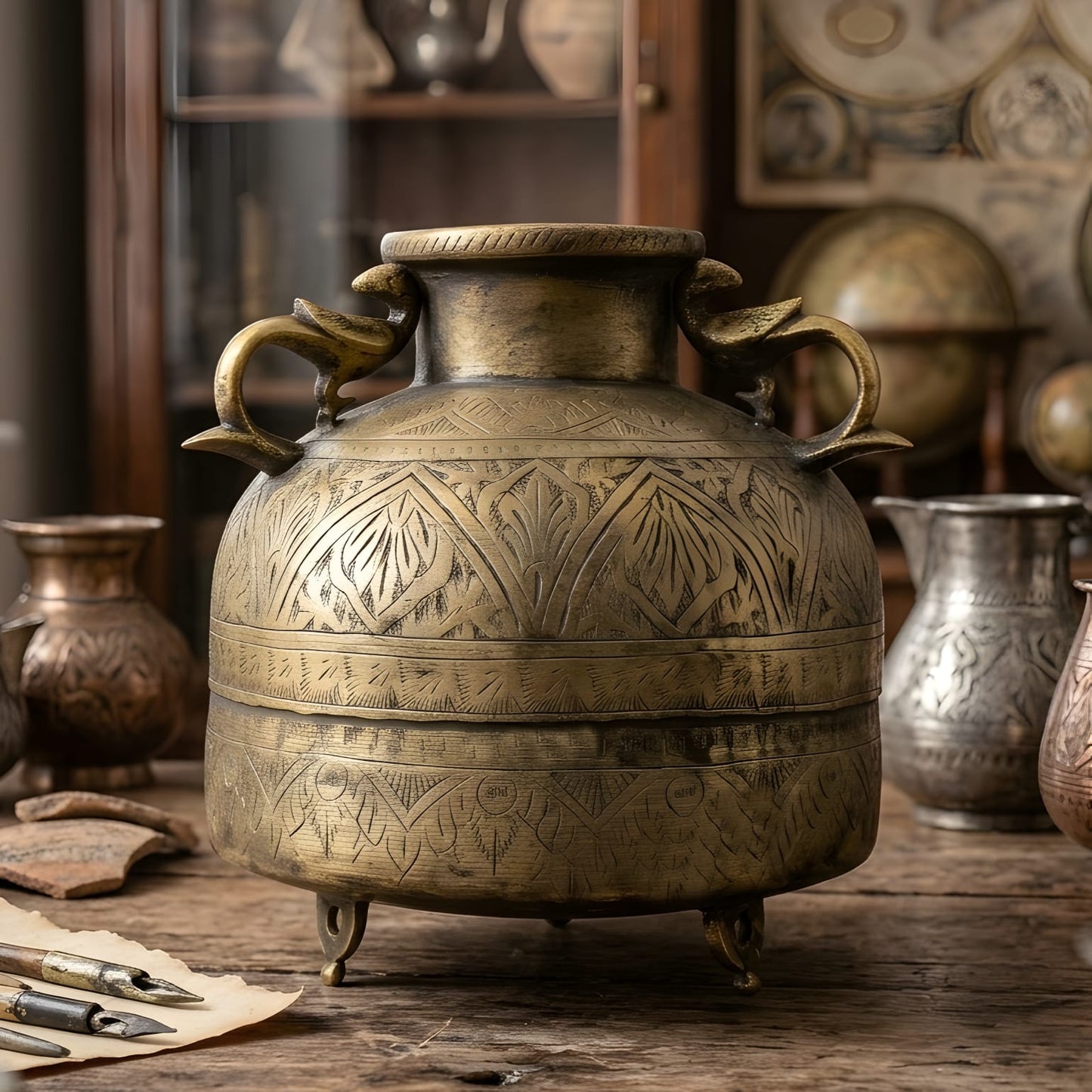 Very Rare Vintage Pure Brass/Pital Unique Shape Pot Vase Planter with Hand Carved Floral Engraving, Peacock Handles & Three Legged Stand | Antique Collectible