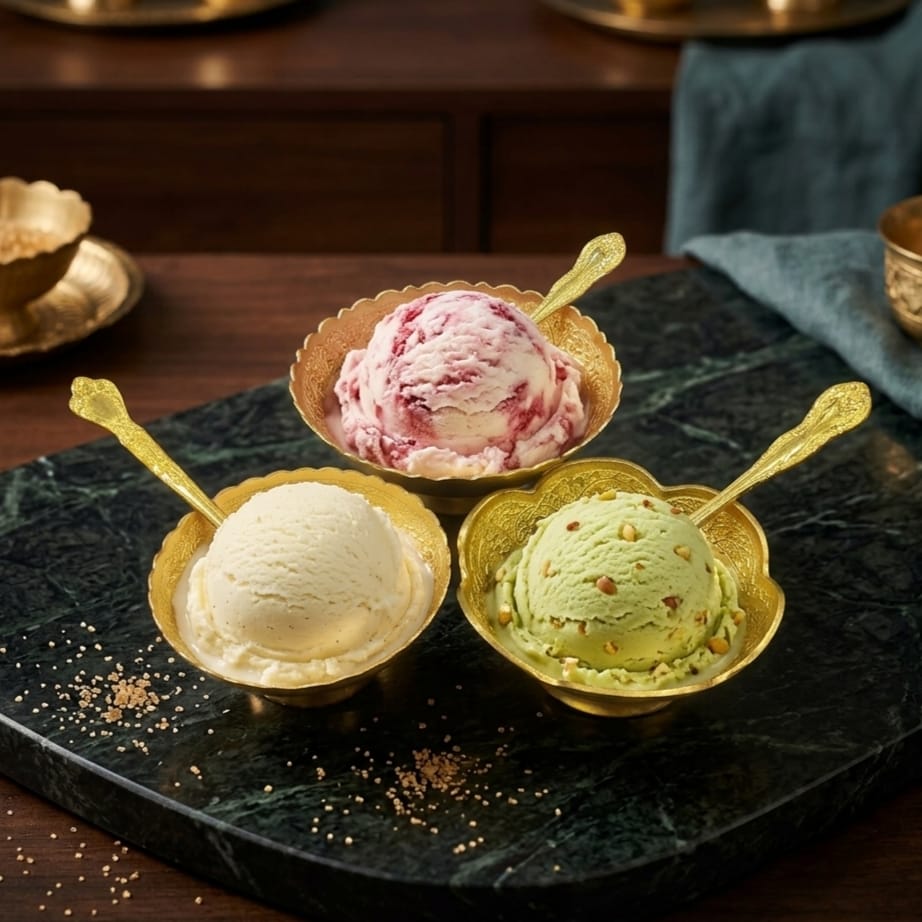 100% Pure Brass Engraved Ice Cream Bowls with Spoons – Set of 3 | Traditional Indian Dessert Serving Set