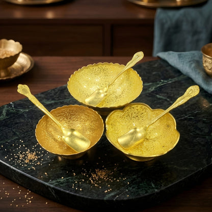 100% Pure Brass Engraved Ice Cream Bowls with Spoons – Set of 3 | Traditional Indian Dessert Serving Set