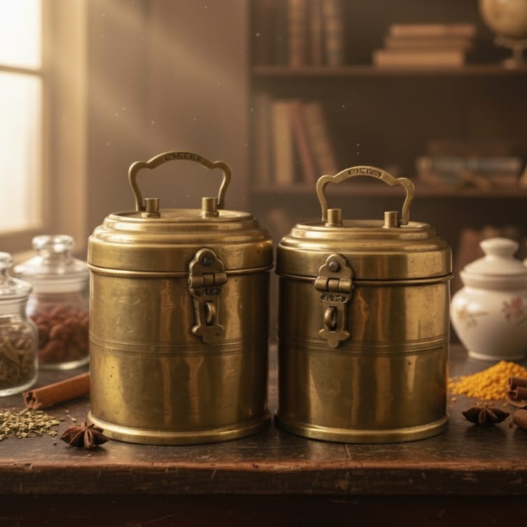 Rare Vintage 100% Pure Brass/Pital Storage Canisters with Locking Lids – Set of 2 | Traditional Indian Kitchen & Utility Containers