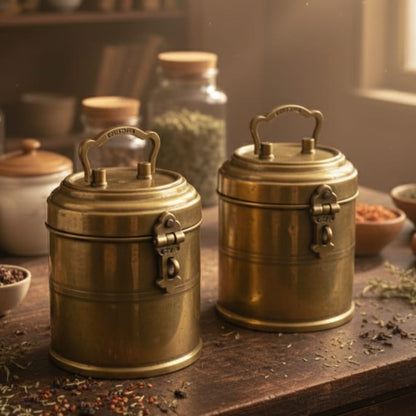 Rare Vintage 100% Pure Brass/Pital Storage Canisters with Locking Lids – Set of 2 | Traditional Indian Kitchen & Utility Containers