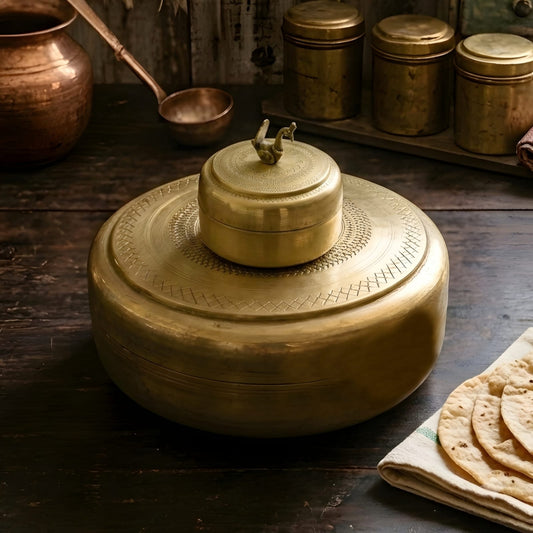 Rare Vintage 100% Pure Brass/Pital Engraved Roti Dabba & Trinket Box Set with Bird Detail – Traditional Indian Kitchen & Storage Combo