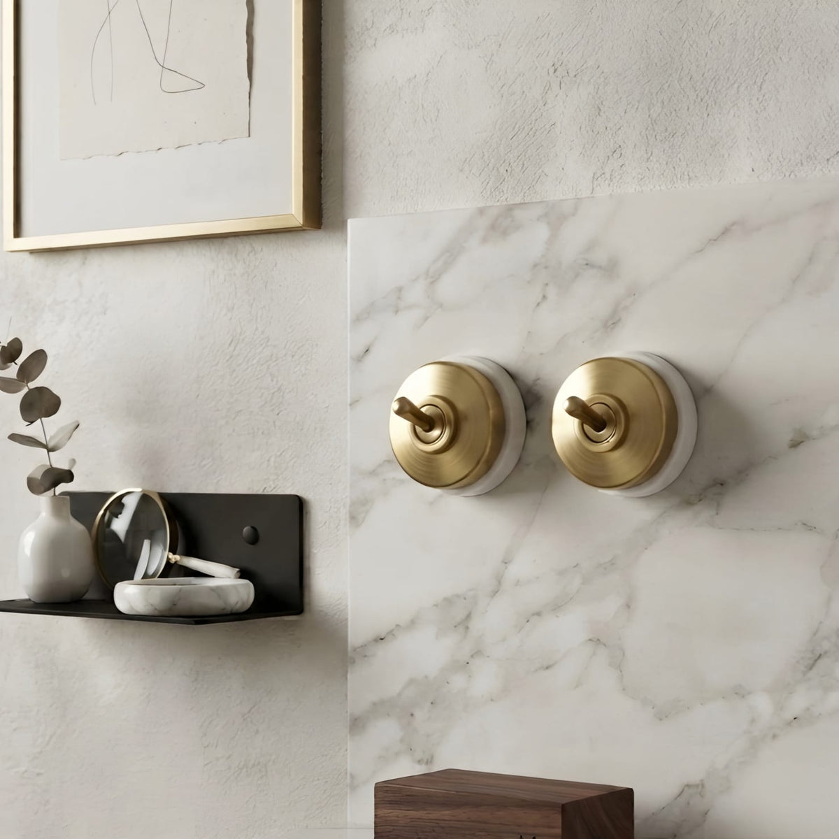 Vintage Style Brass/Pital Toggle Light Switch Set | White Ceramic Base | Classic Series Plain Retro | 220V 6A | Heritage Electrical Hardware