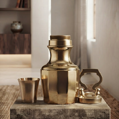 BN/021 | Set of 2 - Rare Pure Brass/Pital Very Beautiful Cylindrical Shape Vintage Look Gangajal Lota with Glass inside in a Glossy finish traditionally known as "KAMANDAL" (Brand New)