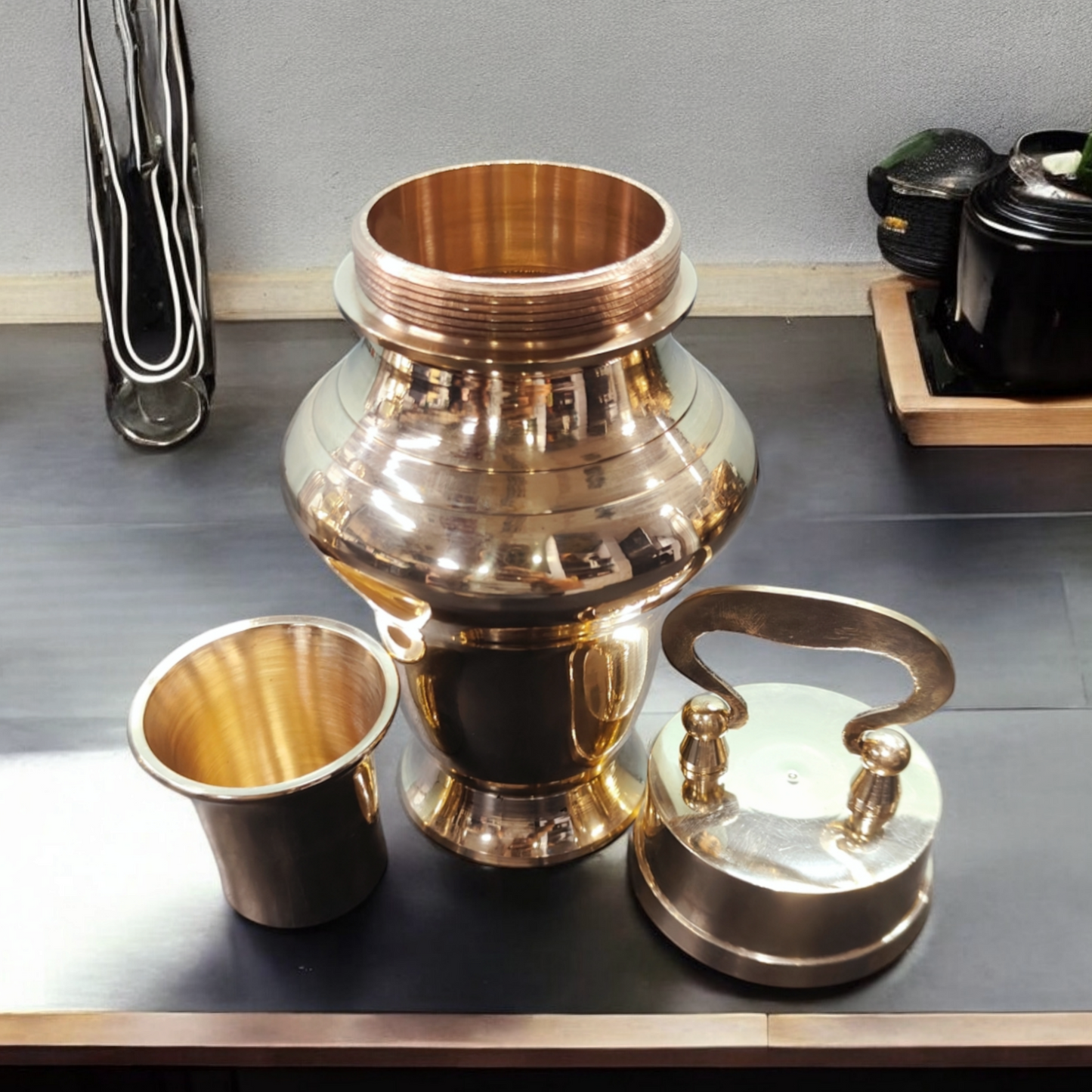 BRAND NEW: NW/026 - Rare Pure Brass Very Beautiful Triangle Shape Vintage Look Gangajal Lota with Glass inside in a Glossy finish traditionally known as "KAMANDAL" | KITCHENWARE | UTENSILS | HOME APPLIANCES