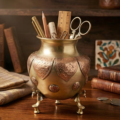 Rare Antique Pure Brass/Pital Multipurpose Pot/Vase/Planter/Stationary-Pen Holder with Peacock Legs – Handcrafted Copper Engraving Decor (Antiques)