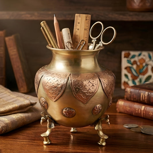 Rare Antique Pure Brass/Pital Multipurpose Pot/Vase/Planter/Stationary-Pen Holder with Peacock Legs – Handcrafted Copper Engraving Decor (Antiques)