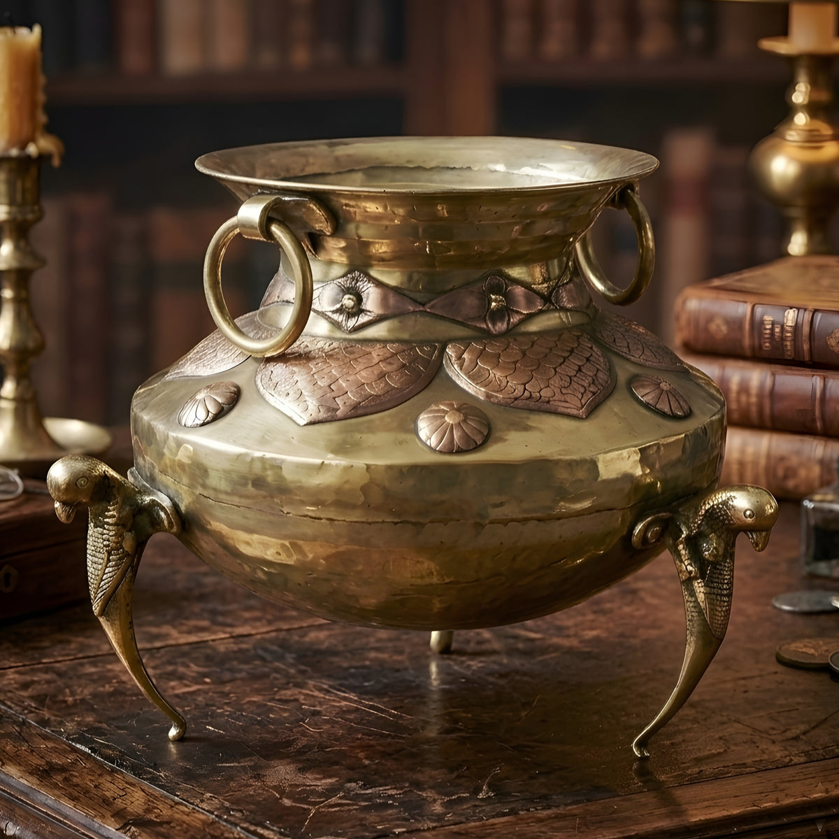 Rare Antique Pure Brass/Pital Pot/Vase/Planter with Parrot Legs – Handcrafted Copper Engraving Premium Decor Piece (Antiques)