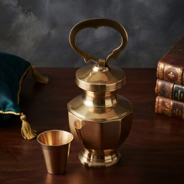 BN/019-1 | Set of 2 - Rare Pure Brass/Pital Very Beautiful Diamond Shape Vintage Look Gangajal Lota with Glass inside in a Glossy finish traditionally known as "KAMANDAL" (Brand New)