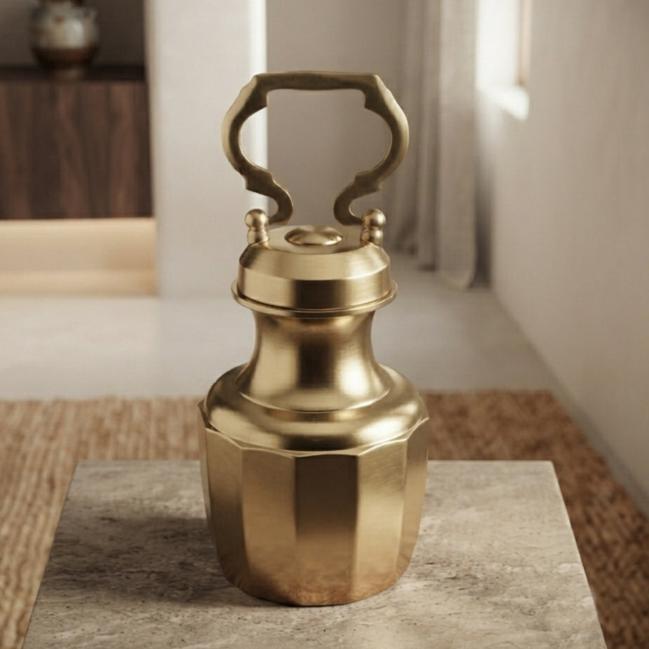 Rare Pure Brass/Pital Very Beautiful Cylindrical Shape Vintage Look Gangajal Lota with Glass inside in a Glossy finish traditionally known as "KAMANDAL" (Brand New) – Style 1