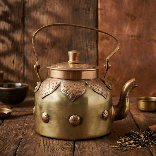 Antique Brass/Pital Tea Kettle with Copper Engraving – Vintage Handmade Teapot, Rare Collectible Home Decor (Antiques)