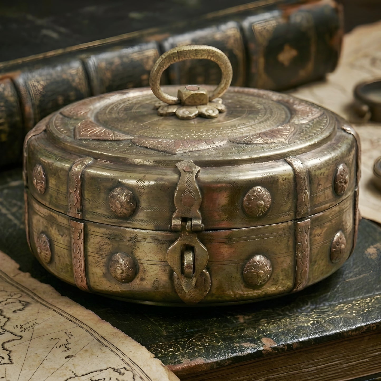 PM/02 - Very Rare Beautifully Engraved Pure Brass Roti Dabba | Chapati Box | Multipurpose Box With Lock System | KITCHENWARE | UTENSILS | HOME APPLIANCES