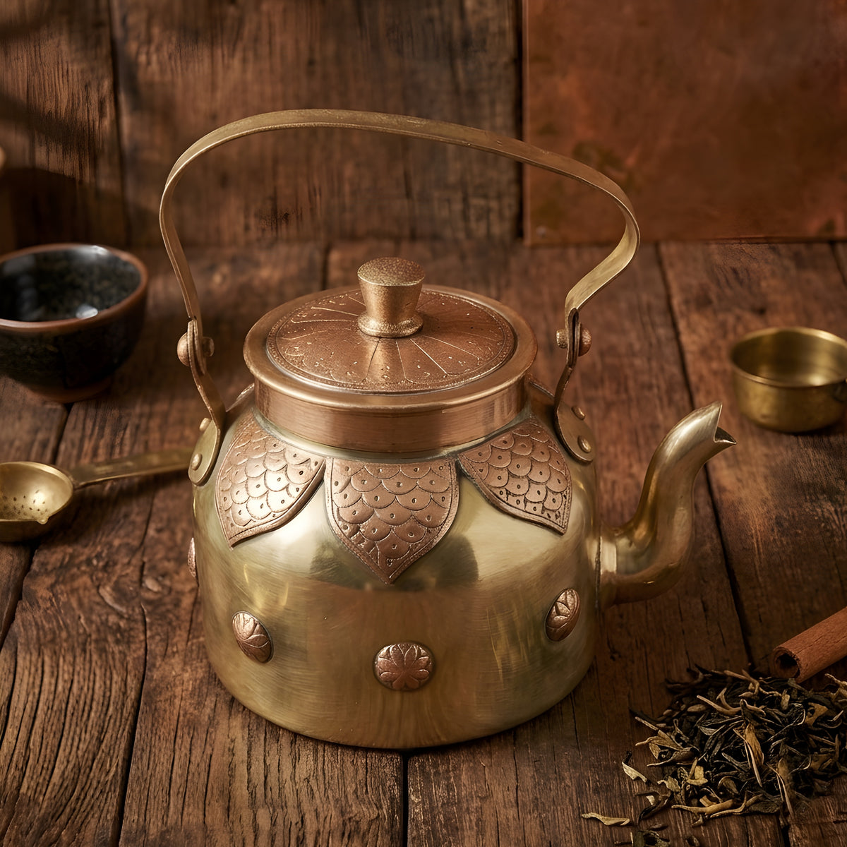 Antique brass tea kettle, engraved pot and Roti Dabba combo set - Merchant Antiques