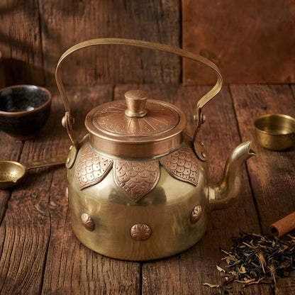 Antique brass tea kettle, engraved pot and Roti Dabba combo set - Merchant Antiques