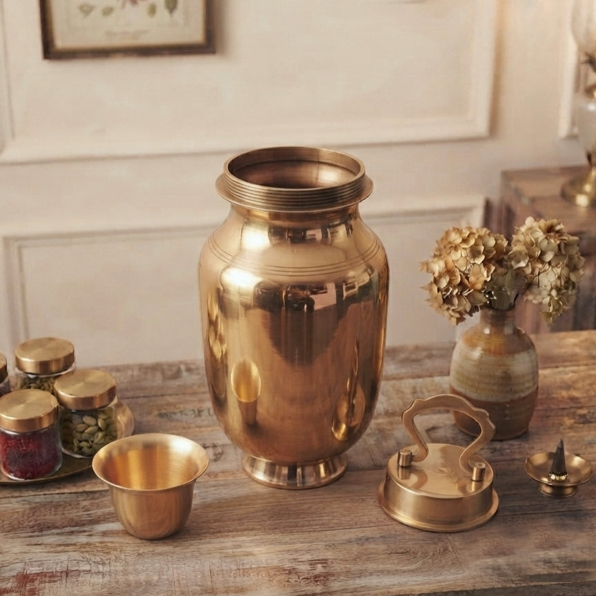 100% Pure Brass/Pital Cylindrical Shape Vintage Look Gangajal Lota with Glass inside traditionally known as "KAMANDAL" in a Glossy Finish (Brand New) – Style 1