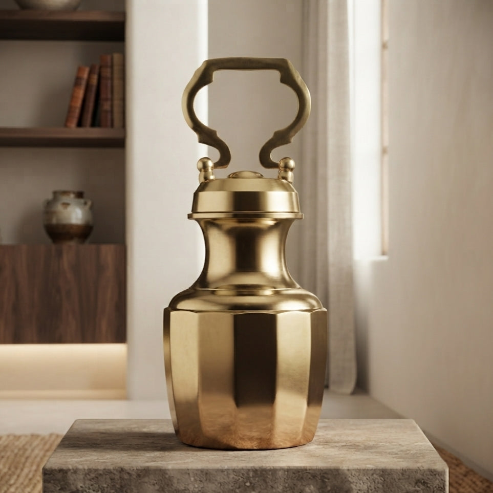 BN/021 | Set of 2 - Rare Pure Brass/Pital Very Beautiful Cylindrical Shape Vintage Look Gangajal Lota with Glass inside in a Glossy finish traditionally known as "KAMANDAL" (Brand New)