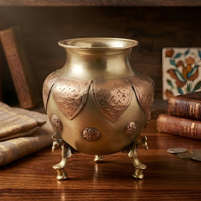 Rare Antique Pure Brass/Pital Multipurpose Pot/Vase/Planter/Stationary-Pen Holder with Peacock Legs – Handcrafted Copper Engraving Decor (Antiques)