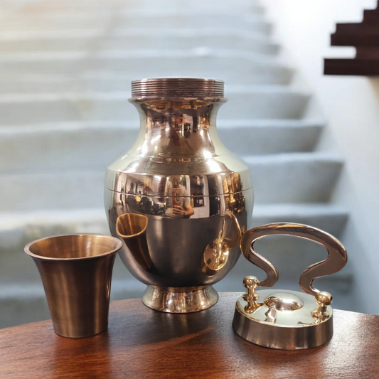 K/05 - Rare Pure Brass Very Beautiful Oval Shape Vintage Look Gangajal Lota with Glass inside in a Glossy finish traditionally known as "KAMANDAL" | KITCHENWARE | UTENSILS | HOME APPLIANCES
