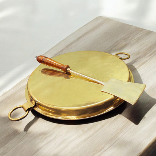 BRAND NEW: NW/047 - 100% Pure Brass Tawa for Dosa or Other Cooking Items with Kalai Tin Coating and 1 Flipping Ladle With Wooden Handle | KITCHENWARE | UTENSILS | HOME APPLIANCES
