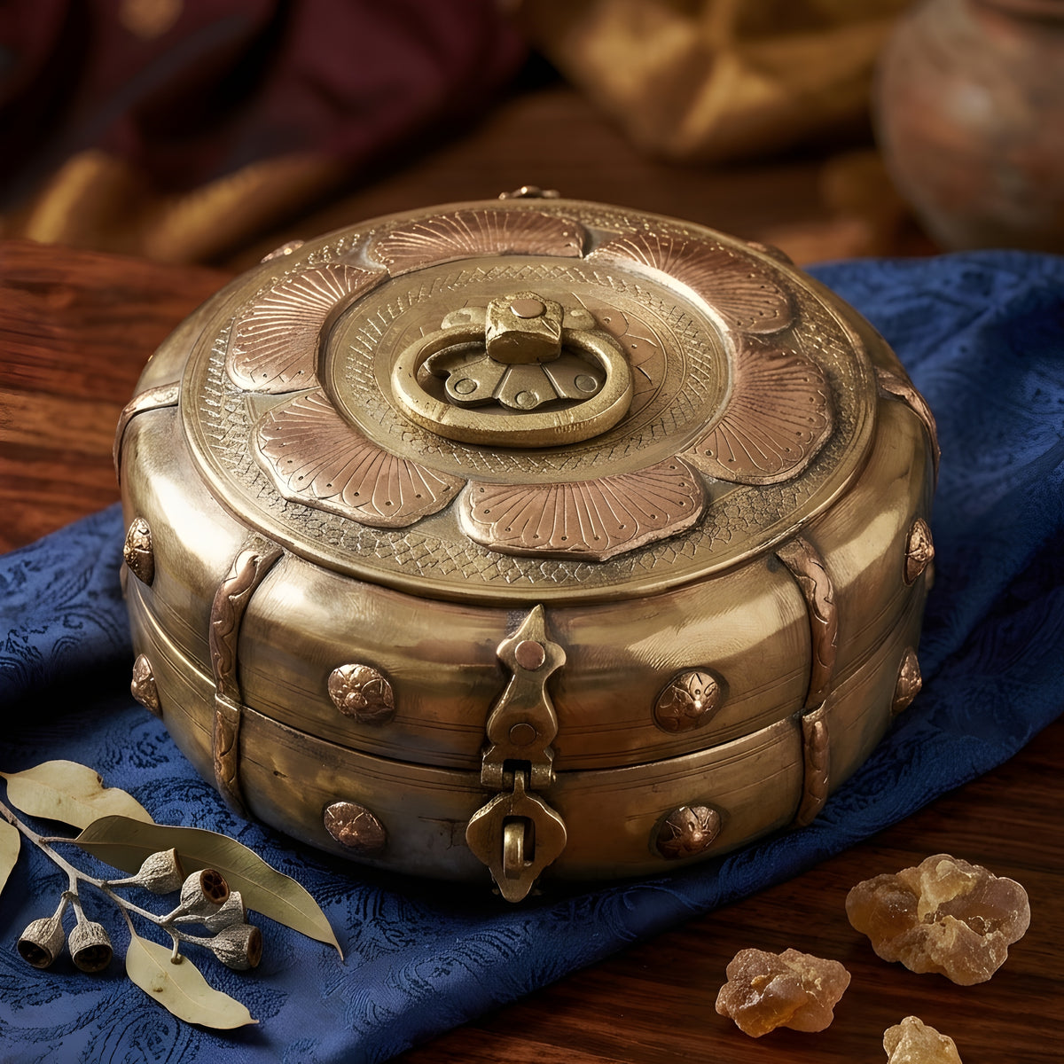Very Rare Beautifully Engraved Pure Brass/Pital Roti Dabba | Chapati Box | Multipurpose Box With Lock System – Style 1