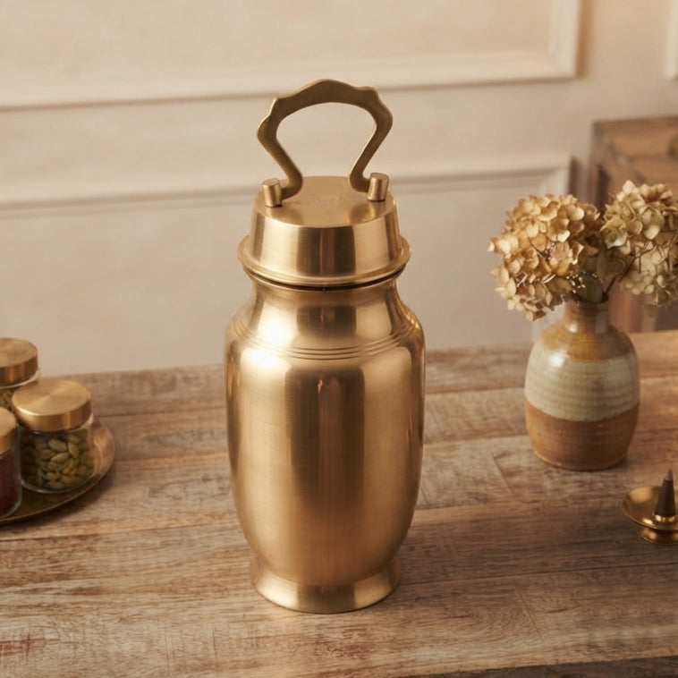 100% Pure Brass/Pital Cylindrical Shape Vintage Look Gangajal Lota with Glass inside traditionally known as "KAMANDAL" in a Glossy Finish (Brand New) – Style 1