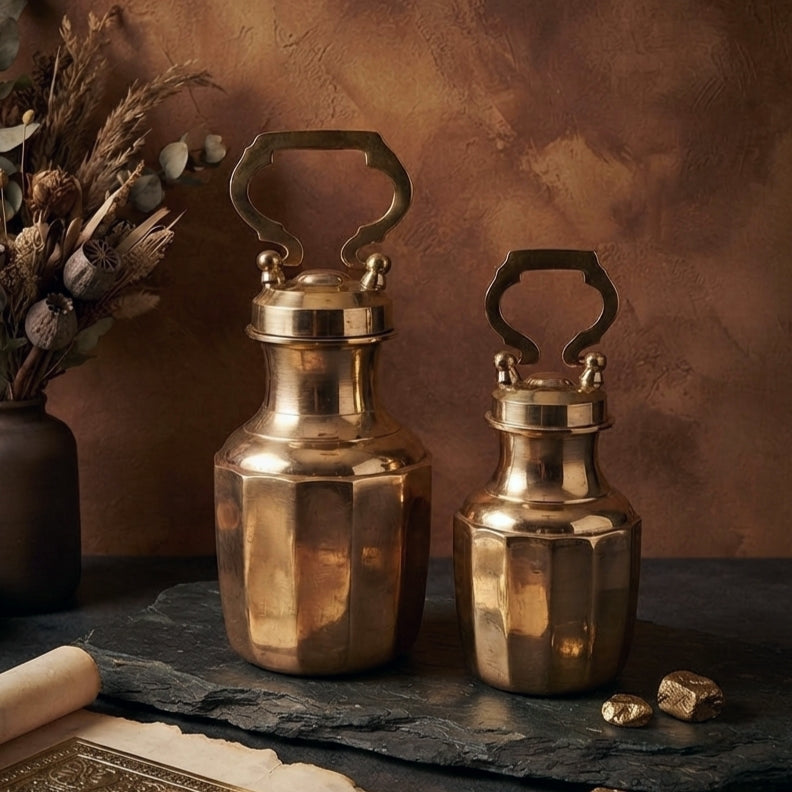 BN/021 | Set of 2 - Rare Pure Brass/Pital Very Beautiful Cylindrical Shape Vintage Look Gangajal Lota with Glass inside in a Glossy finish traditionally known as "KAMANDAL" (Brand New)