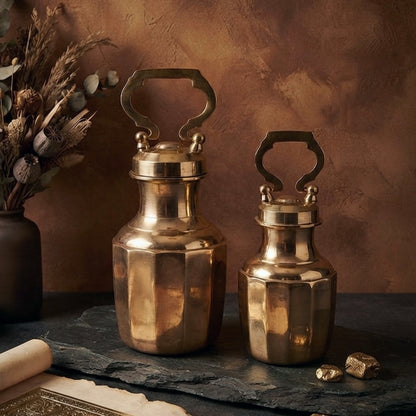 BN/021 | Set of 2 - Rare Pure Brass/Pital Very Beautiful Cylindrical Shape Vintage Look Gangajal Lota with Glass inside in a Glossy finish traditionally known as "KAMANDAL" (Brand New)