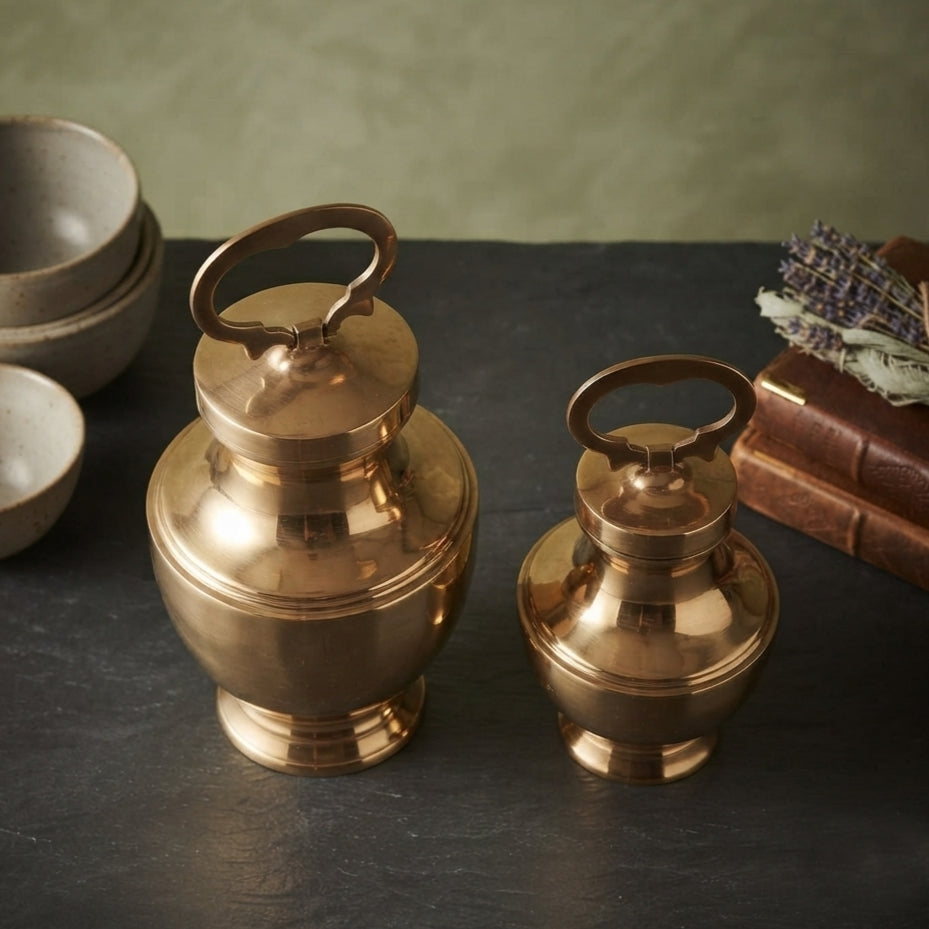 BN/019-1 | Set of 2 - Rare Pure Brass/Pital Very Beautiful Diamond Shape Vintage Look Gangajal Lota with Glass inside in a Glossy finish traditionally known as "KAMANDAL" (Brand New)