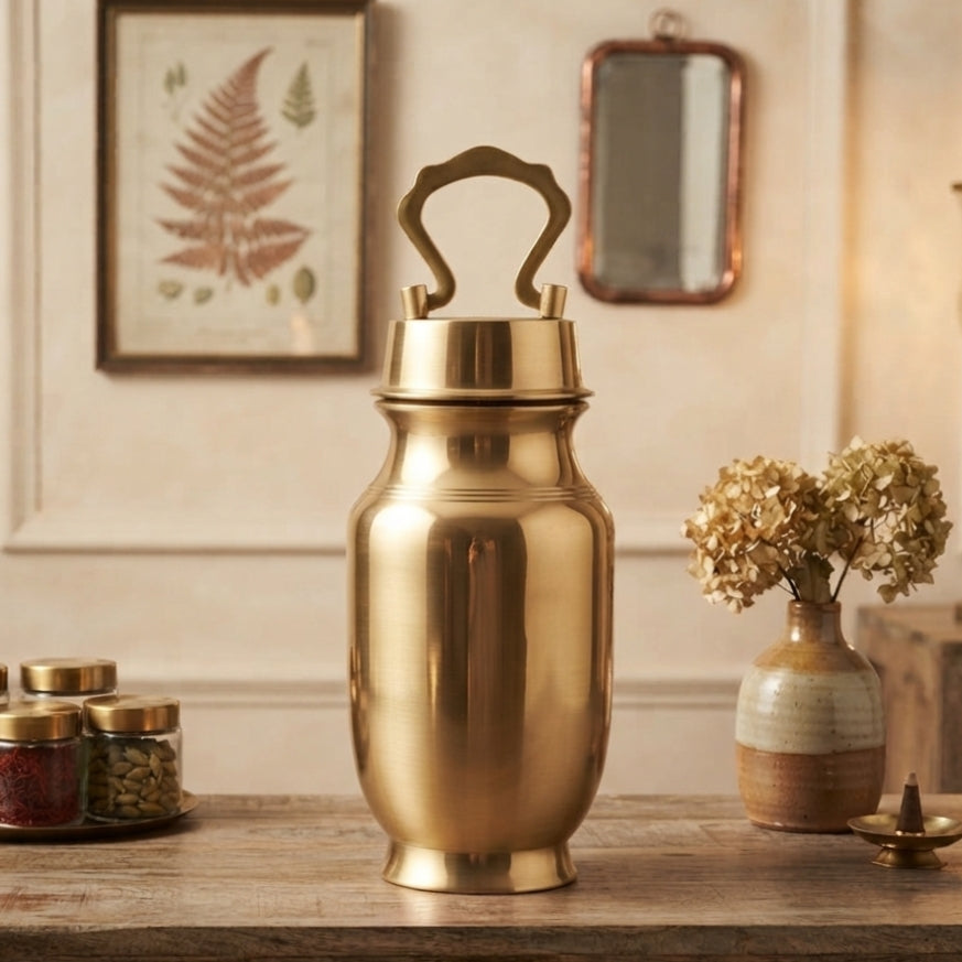 100% Pure Brass/Pital Cylindrical Shape Vintage Look Gangajal Lota with Glass inside traditionally known as "KAMANDAL" in a Glossy Finish (Brand New) – Style 1