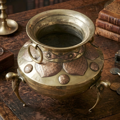 Rare Antique Pure Brass/Pital Pot/Vase/Planter with Parrot Legs – Handcrafted Copper Engraving Premium Decor Piece (Antiques)