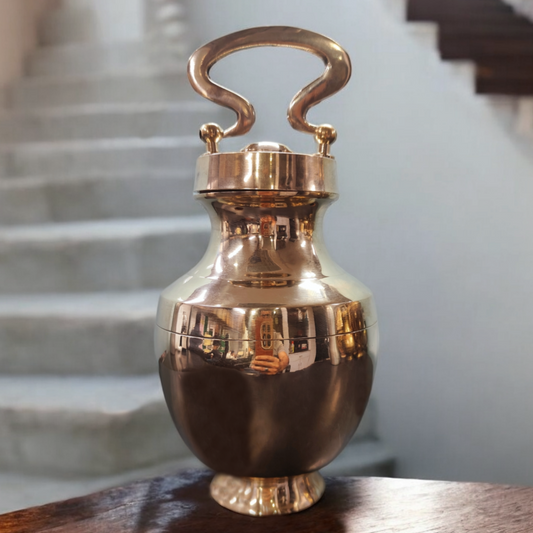 BRAND NEW: NW/035 - Rare Pure Brass Very Beautiful Oval Shape Vintage Look Gangajal Lota with Glass inside in a Glossy finish traditionally known as "KAMANDAL" | KITCHENWARE | UTENSILS | HOME APPLIANCES