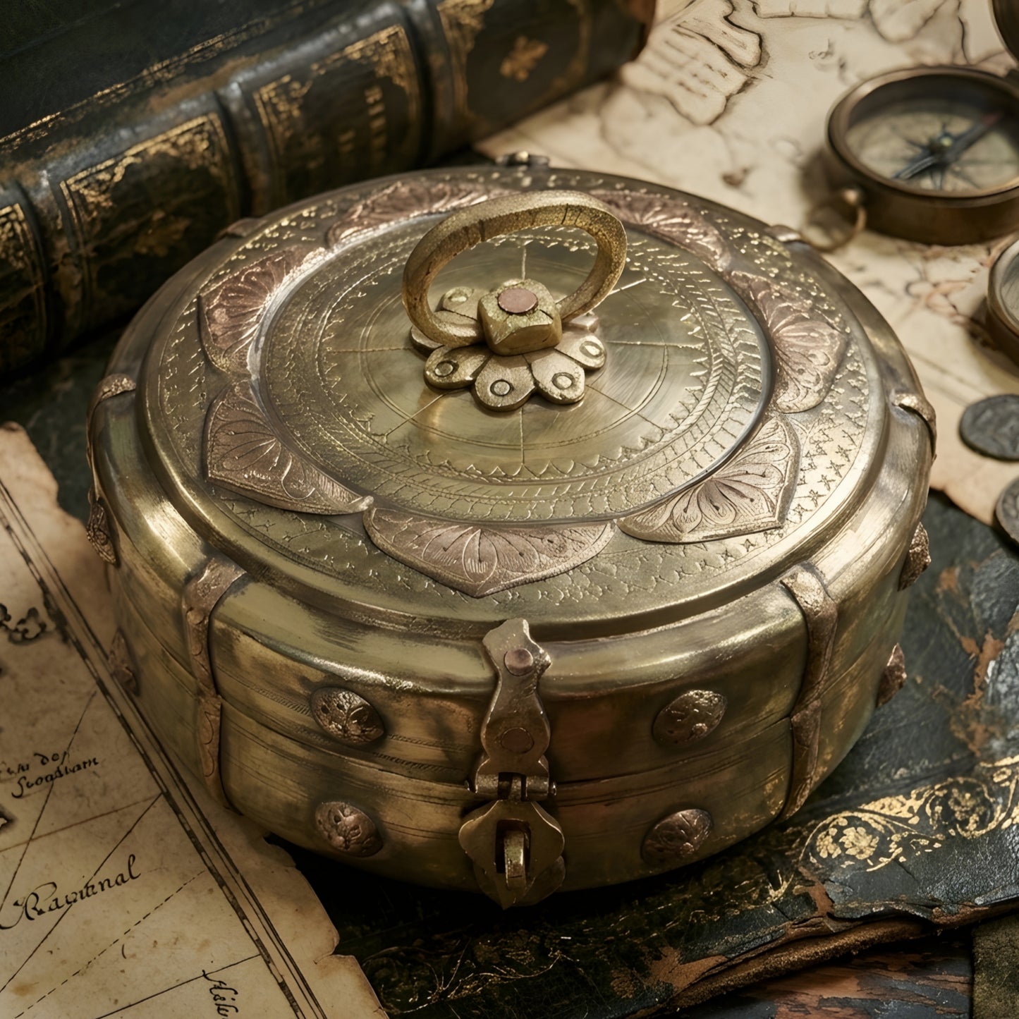 PM/02 - Very Rare Beautifully Engraved Pure Brass Roti Dabba | Chapati Box | Multipurpose Box With Lock System | KITCHENWARE | UTENSILS | HOME APPLIANCES