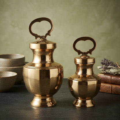 BN/019-1 | Set of 2 - Rare Pure Brass/Pital Very Beautiful Diamond Shape Vintage Look Gangajal Lota with Glass inside in a Glossy finish traditionally known as "KAMANDAL" (Brand New)