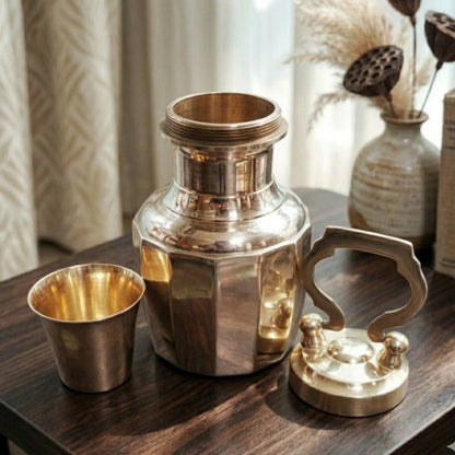 K/05 - Rare Pure Brass Very Beautiful Cylindrical Shape Vintage Look Gangajal Lota with Glass inside in a Glossy finish traditionally known as "KAMANDAL" | KITCHENWARE | UTENSILS | HOME APPLIANCES