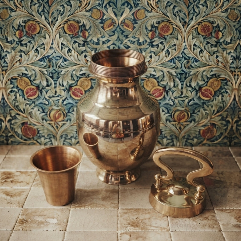 Pure Brass/Pital Very Beautiful Oval Shape Vintage Look Gangajal Lota with Glass inside in a Glossy finish traditionally known as "KAMANDAL" (Brand New)