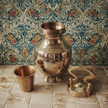 Pure Brass/Pital Very Beautiful Oval Shape Vintage Look Gangajal Lota with Glass inside in a Glossy finish traditionally known as "KAMANDAL" (Brand New)